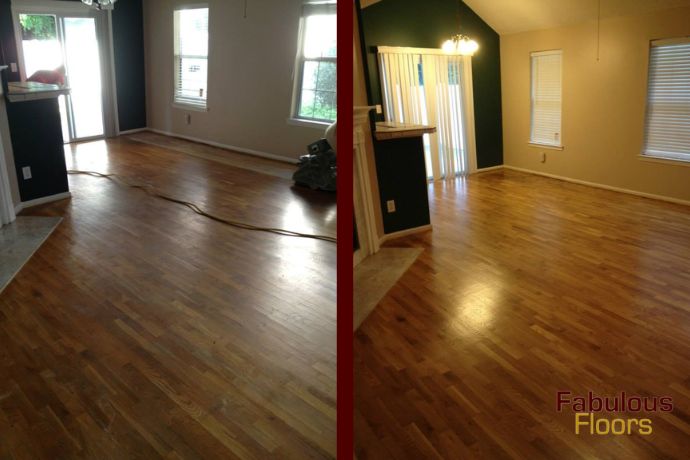 before and after of a hardwood floor refinishing project in mays chapel, md