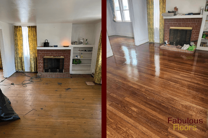 before and after floor refinishing in a catonsville living room