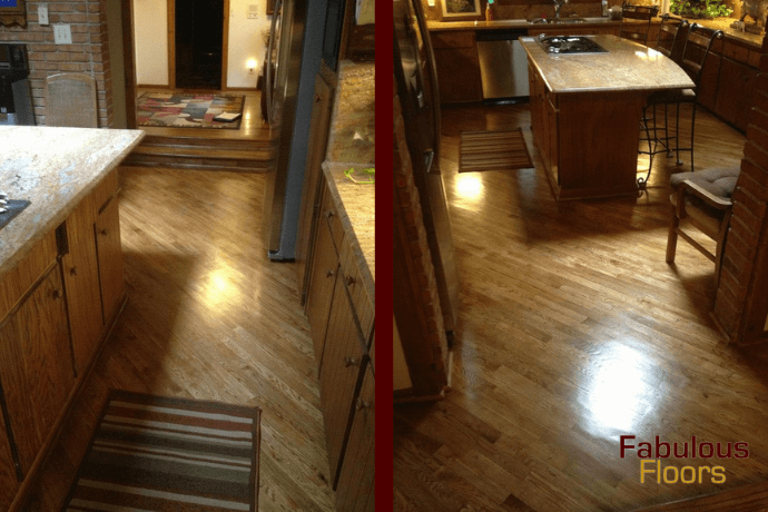 before and after of a hardwood resurfacing job in a perry hall kitchen